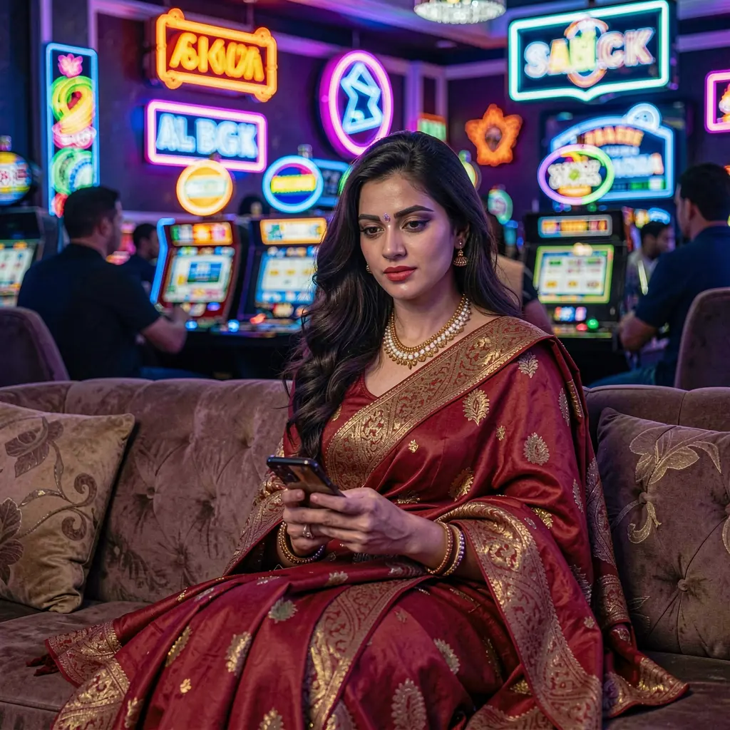 Focused Bangladeshi player checking casino features on the 8KBD app with colorful neon slot symbols glowing behind her