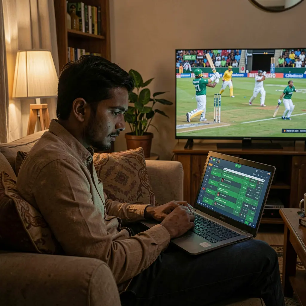 Focused Bangladeshi player analyzing live cricket odds and match statistics on the 8KBD betting platform during an intense game moment