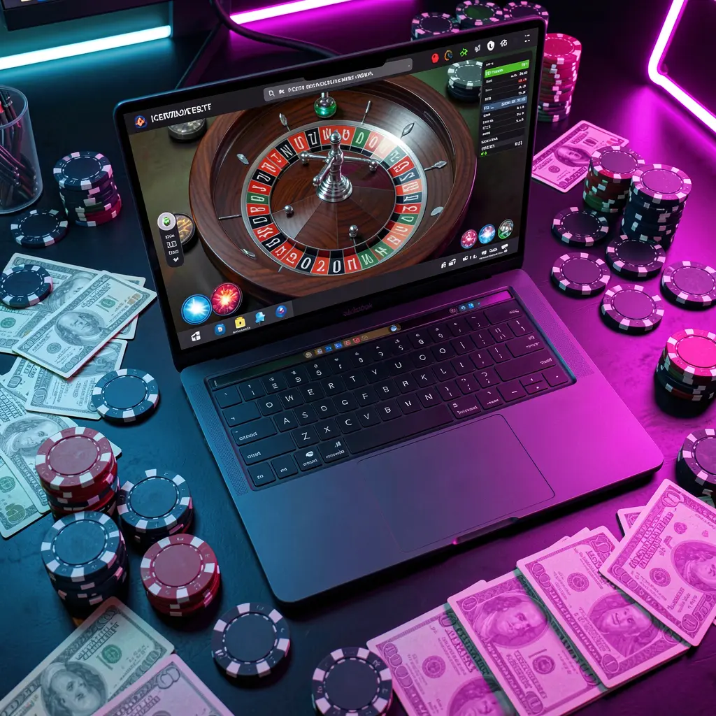 Close up of an online roulette wheel on a laptop surrounded by casino chips and cash with dramatic lighting representing premium gaming on 8KBD