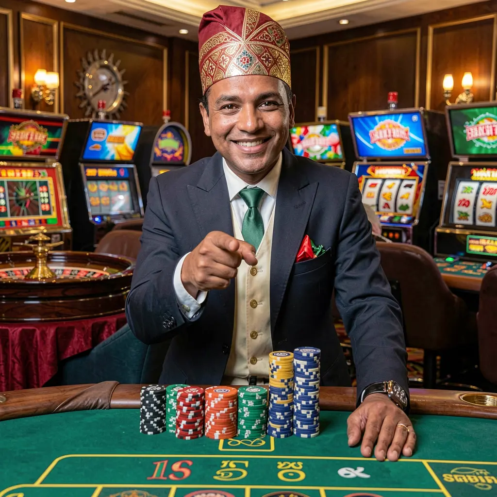 Confident Bangladeshi casino dealer pointing forward at a roulette table inviting players to log in to 8KBD