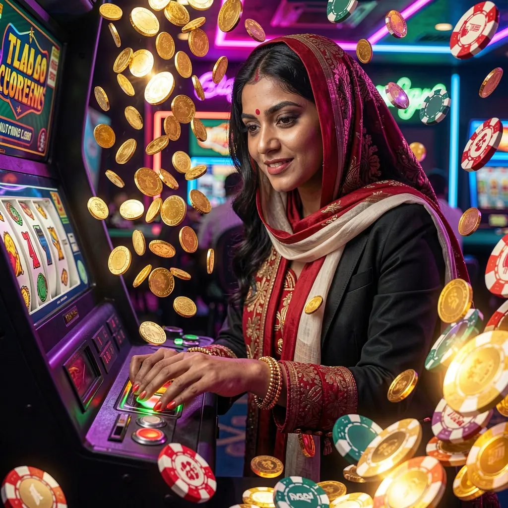 Focused Bangladeshi woman playing an illuminated slot machine with falling gold coins inside the vibrant 8KBD casino atmosphere